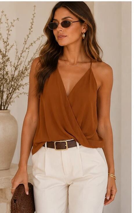 REVOLVE Tops - Boutique NWT Women’s Med Cognac Brown Draped Surplice Halter Top Cami